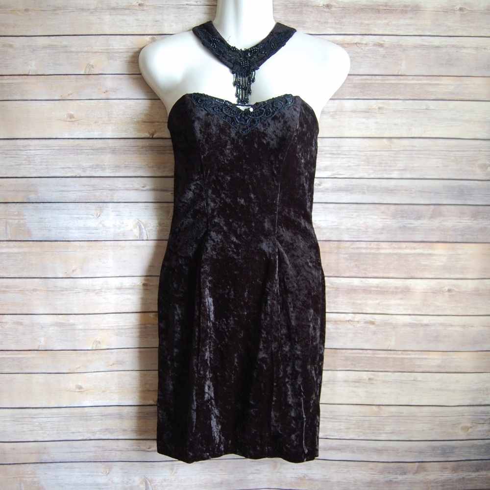 All That Jazz Black Velvet Mini Dress with Lace Trim